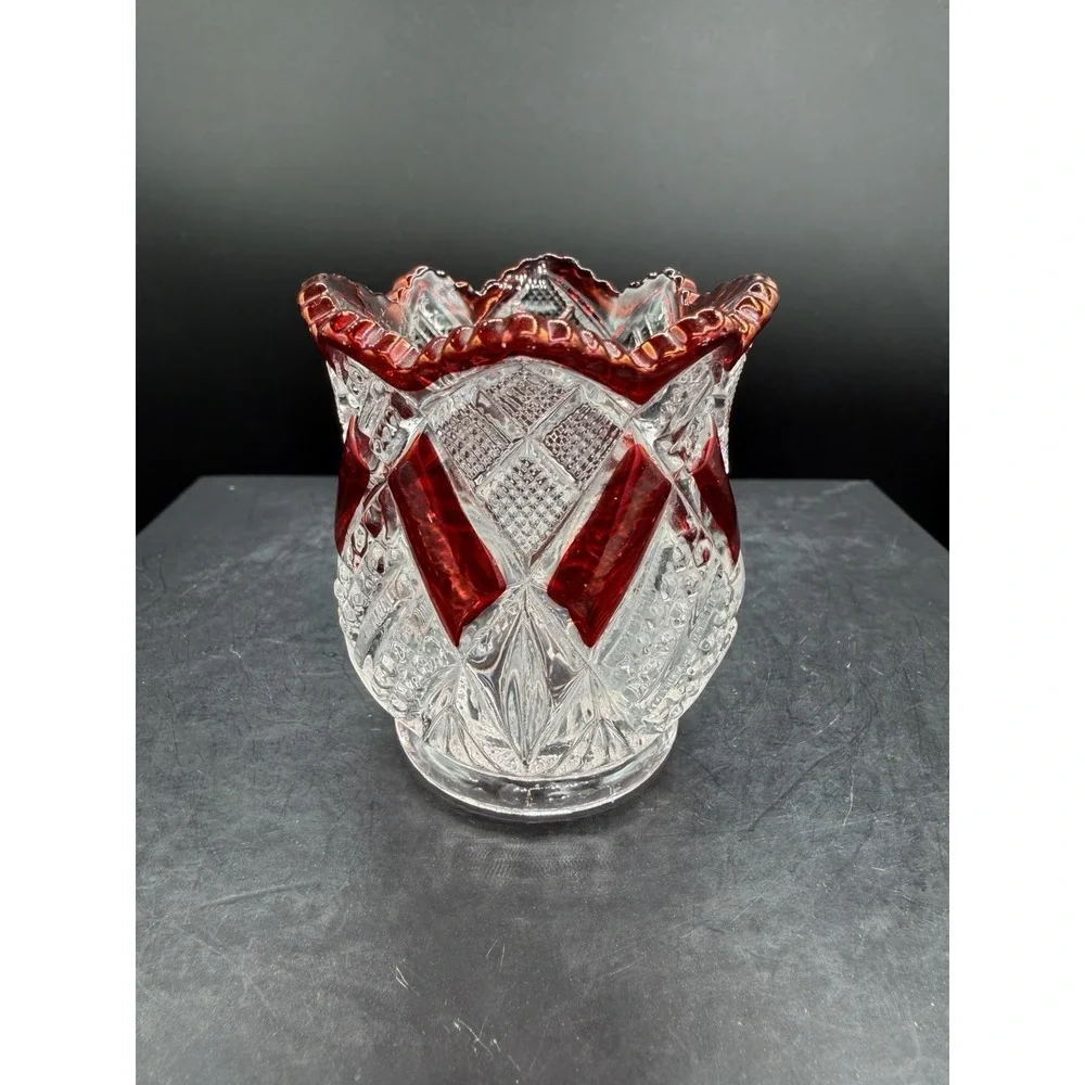 ❤️Bohemian Ruby Cut‑to‑Clear Toothpick Holder – Scalloped Rim – Diamond & Oval